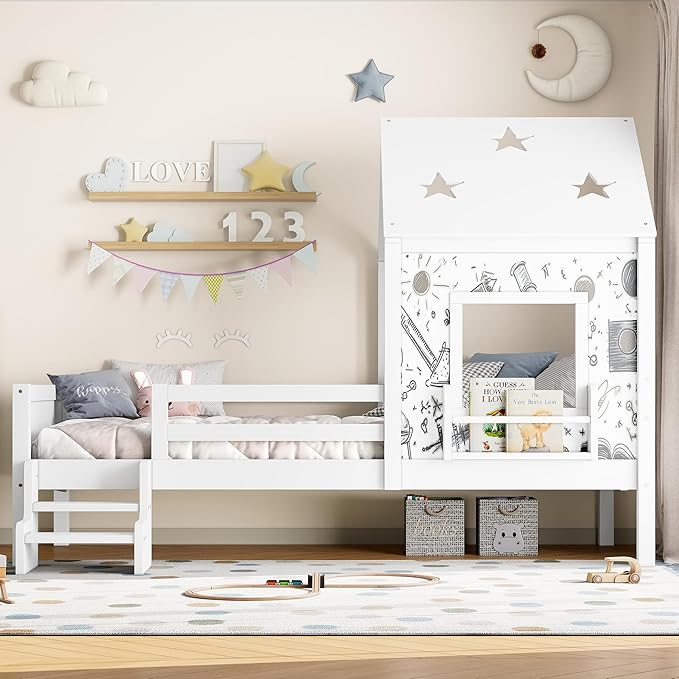Bellemave Twin House Bed with Rails or guardrails and Bookcase, Wooden Twin House Shape Platform Bed for Boys, Girls, Teens, White