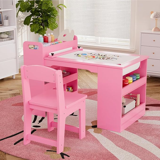 Kids Art Table and 2 Chairs, Craft Table with Large Storage Shelves,Toddler Wooden Drawing Desk Activity & Crafts Children's Wooden Furniture for Classroom Daycares,Home
