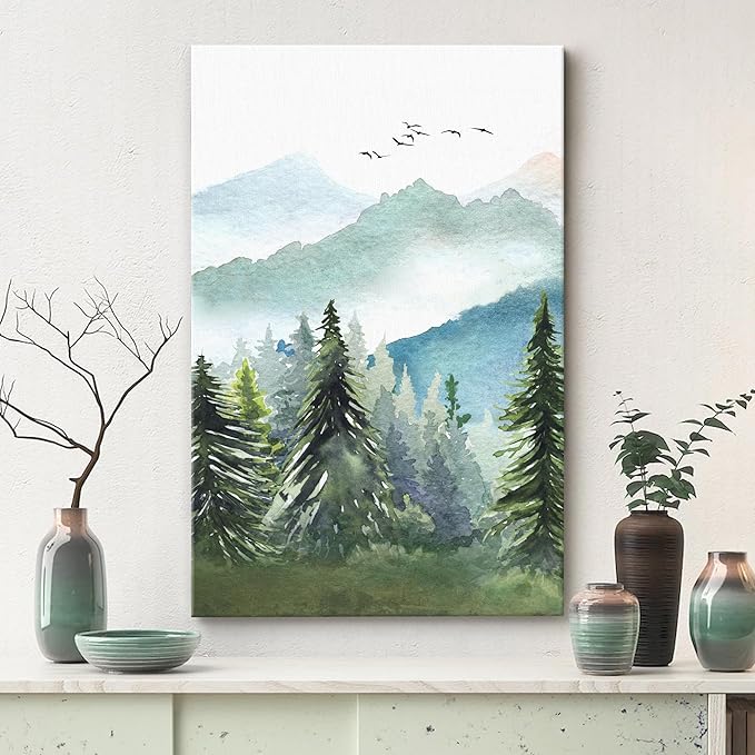 SIGNWIN Canvas Print Wall Art Watercolor Green Forest Tree Mountain Range Nature Landscape Prints Modern Art Woodland Nursery Decor for Living Room, Bedroom, Office - 32"x48"