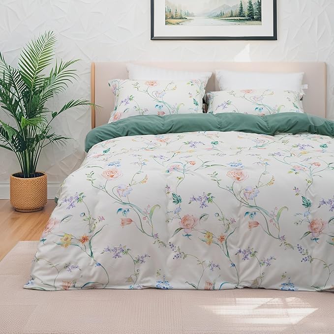 MAGRACE Duvet Cover Full Size, Reversible Floral Rose Comforter Cover Set with Zipper Closure, Farmhouse Style 3 Pieces Botanical Patterns Soft Microfiber Bedding Set with 8 Ties