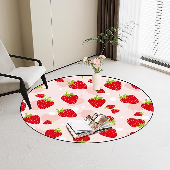 5Ft Strawberry Round Rug Kwaii Pink Circle Rugs for Bedroom Dorm Living Room Cute Area Rug Floor Mat Pad Doormat Carpet, 5'X5'(150X150cm)