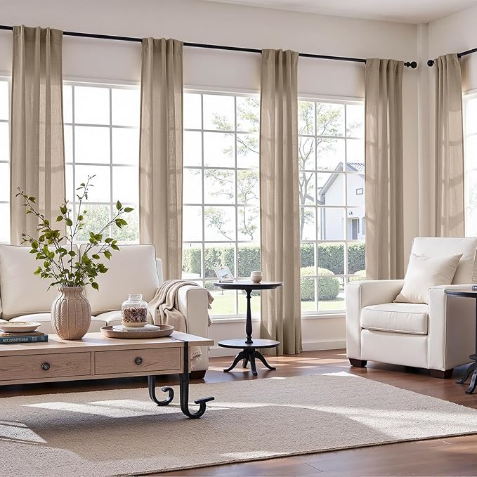 jinchan Linen Blend Curtains 90 inch Length 2 Panels for Bedroom Bathroom, Farmhouse Country Cottage Core Style 38 inch Wide Drapes with Rod Pocket Back Tab(38W x 90L, Taupe)