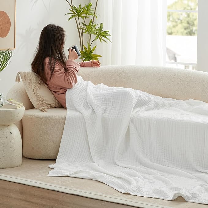 Love's cabin 6 Layer 100% Cotton Muslin Blanket, 90"x90" Muslin Blanket Queen for Couch Bed, Lightweight and Breathable Cotton Gauze for Adult, White