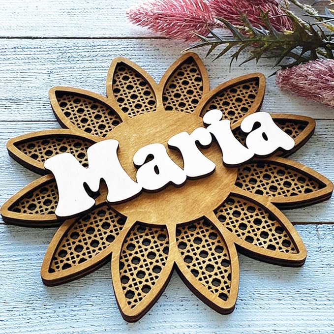 Personalized 3D Name Sign for Nursery, Custom Boho Floral Name Sign, 3D Wooden Layered Handmade Letter Wall Decor for Nursery or Child's Bedroom, Rattan Baby Name Sign