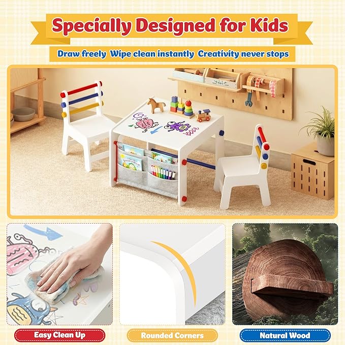 Kids Table and Chair Set 4-in-1 with Storage, Wooden Activity Table for Crafts, Arts, Drawing, Reading, Toddler Furniture for Playroom, Nursery, Gift for Boys & Girls (Age 3+)