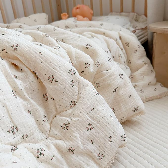 BuLuTu Pink Flower Print Toddler Kids Comforter Muslin Cotton Toddler Blankets for Girls Boys Children Quilt Blanket (No Pillow), Breathable Skin-Friendly, Primrose Pattern, 60"x78"
