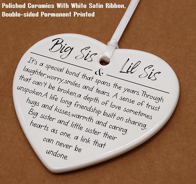 Heart Shaped Christmas Ornament-Little and Big Sister Gift-Birthday Graduation Housewarming Thanksgiving New Year Present for Big Sis Little Sis Sister Appreciation Ceramic Keepsake