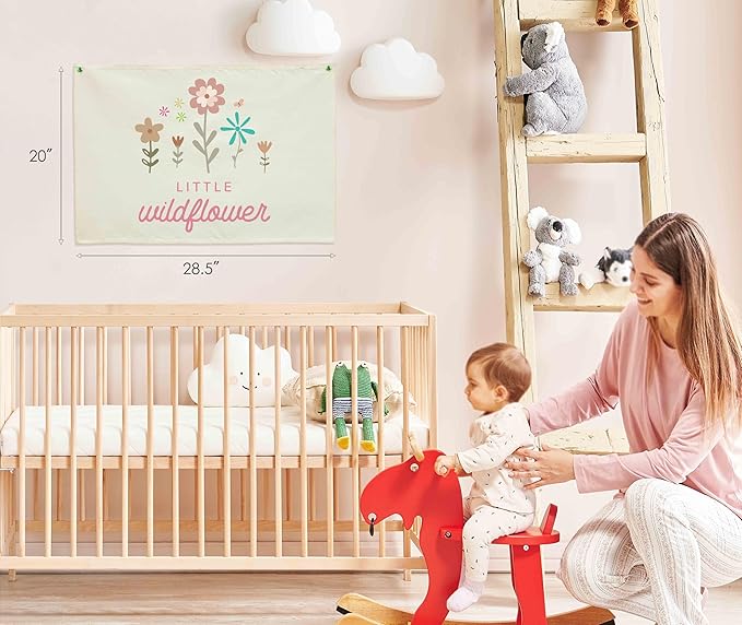 Nursery Wall Decor-Hanging Rectangular Canvas Banner Flag Poster Wall Decoration for Baby Kids Girl Boy Teen,Nursery Bedroom Playroom Decor,Baby Shower Christmas Gift Little Wildflower 28.5"L×20"W