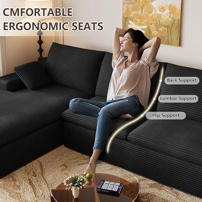 107 Inch Cloud Sectional Couch, Modern Modular Sectional Sofa with Deep Seat, Corduroy Boneless Couches with L-Shape Chaise for Living Room Bedroom, No Assembly Required (Black, Left Facing Chaise)
