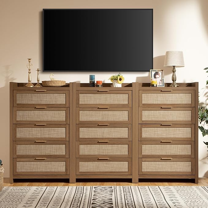 SICOTAS Dresser for Bedroom Chest of Drawers 46" Tall Dresser for Closet with 5 Rattan Drawers Boho Nightstands Set of 3 Large Clothes Storage Cabinet TV Stand for Living Room Hallway Nursery Entryway