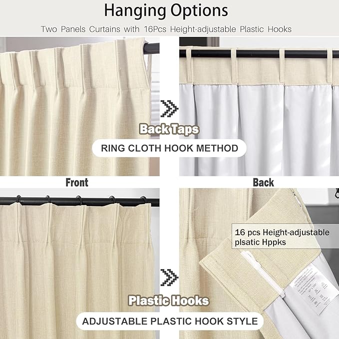 IVAPUPU Cream Beige Pinch Pleated Full Blackout Linen Curtains for Bedroom, Black Out Curtains 90 Inches Long for Living Room Darkening Thermal Insulated Neutral Pleat Drapes with 16 Hooks, 2 Panels