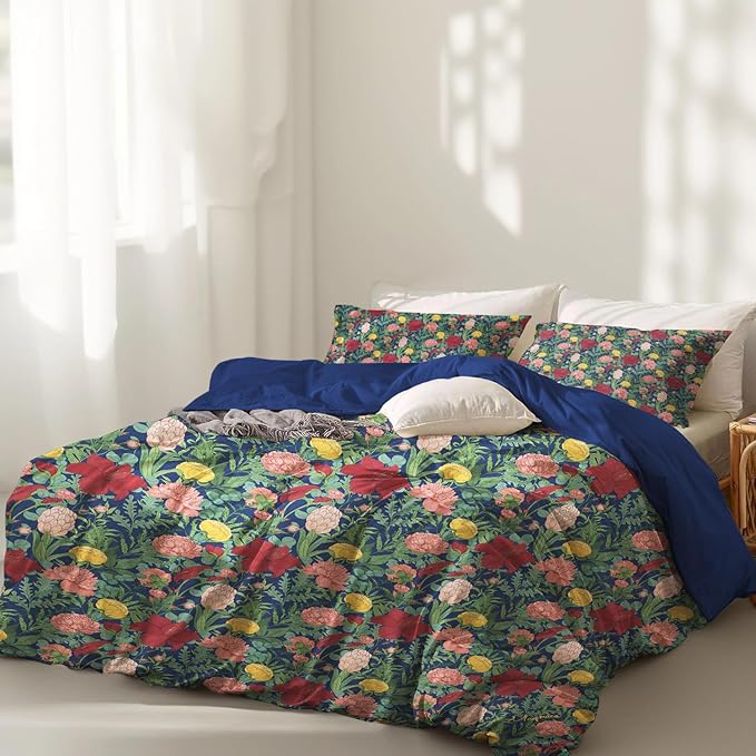 MAGRACE Green Duvet Cover King Size, 100% Pure Cotton Vintage Floral Printed Super Soft Coquette Bedding Set 3 Pieces with Zipper Closure & Corner Ties