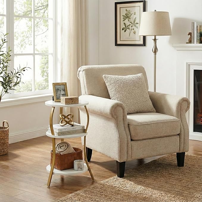 Vintage Small Round Side Table, 3-Tier Slim Waist Circular End Table with Storage Shelf, Compact Tea Sofa Table, Round Corner Coffee Table Nightstand for Living Room Bedroom Small Spaces,White+ Gold