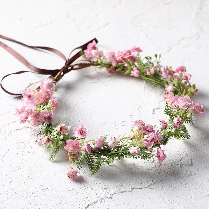 Pink Bohemian Flower Crown - Pink Babys Breath Flower Headband with Green Leaf Bohemian Floral Headpiece Hair Wreath for Women Wedding Halloween Christmas