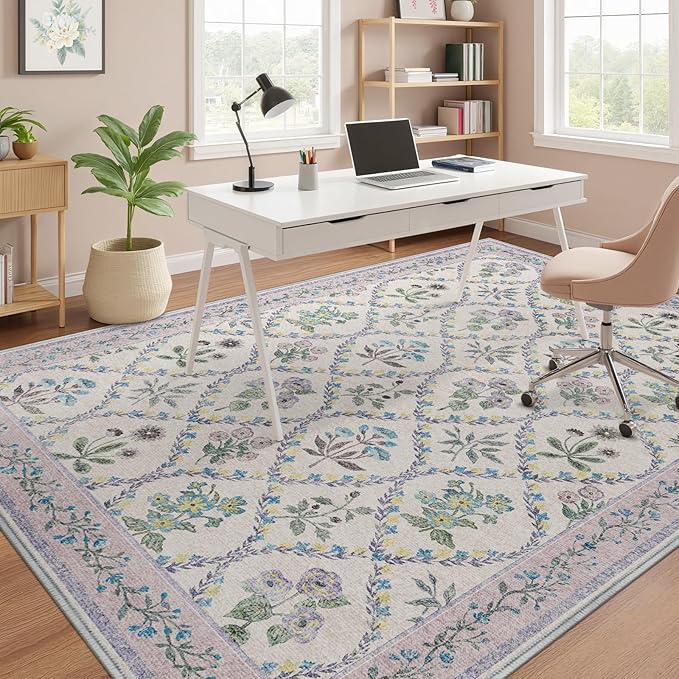 Purple Rug for Girls Room, 5x7 Washable Boho Floral Area Rugs for Living Room, Cute Ultra-Thin Non Slip Indoor Girls Bedroom Decor Lavender Carpet for Baby Nursery Kids Room Playroom Dorm