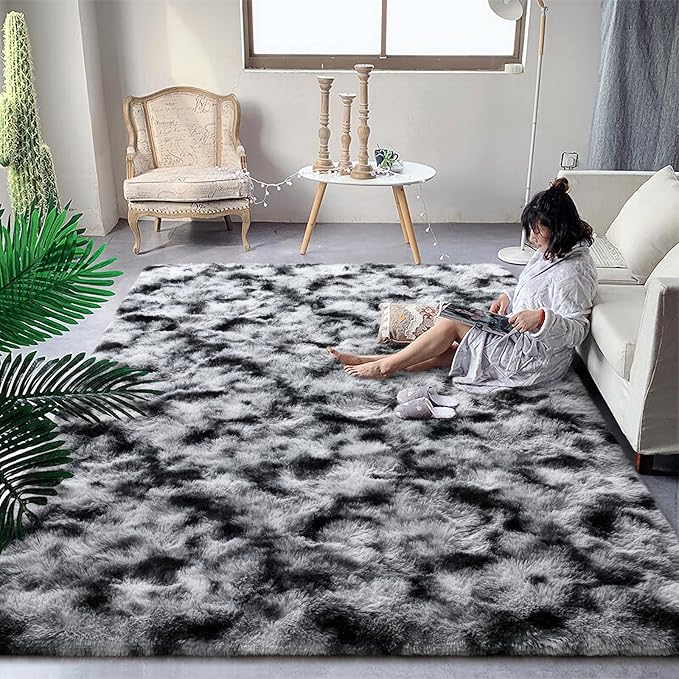 DweIke Fluffy Tie-Dyed Black White Rugs for Bedroom Living Room, 4x6 Feet Soft Plush Shaggy Dark Girls Boys Kids Rug, Upgraded Non-Slip and Machine Washable Carpet for Dorm Nursery Classroom Decor