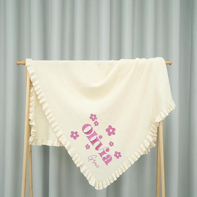 Personalized Embroidered Strawberry Baby Blanket – Boho Floral Knit Design, Soft Newborn Blanket for Baby, Custom Keepsake Gift, First Birthday Present, Cozy Nursery Throw