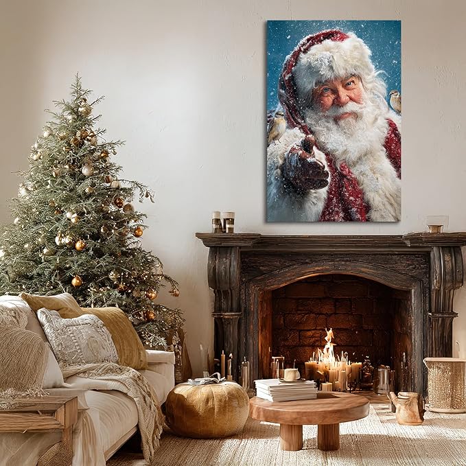 YONICA Christmas Canvas Wall Art Snowy Santa 18x24 Inch Winter Scene with Birds and Snowfall - Large Framed Gallery Wrapped Nature Theme