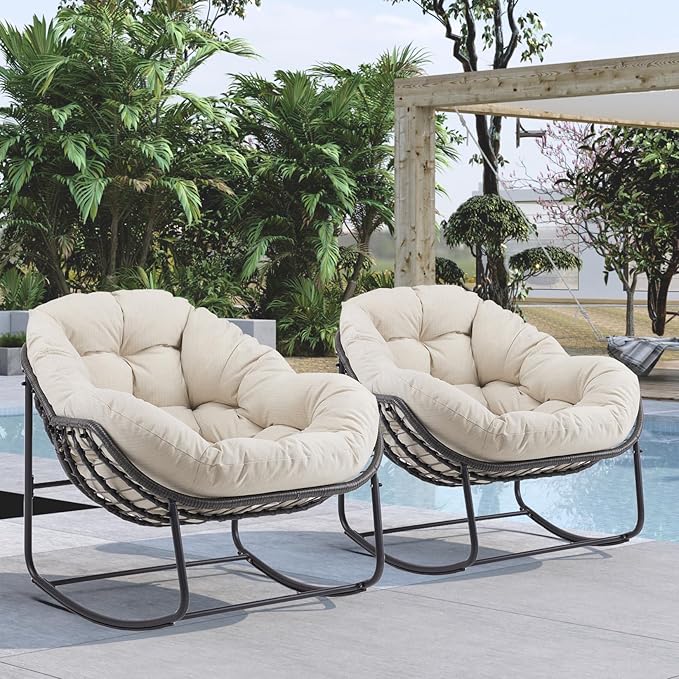 Oversized Outdoor Papasan Rocking Chair Set of 2 with Soft Cushion, Comfy Patio Egg Chair, Wicker Lounge Rocker for Balcony/Porch/Garden, Reinforced All Weather Rattan Frame, Beige