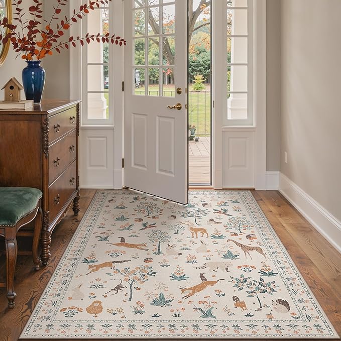 4x6 Rug Washable Area Rug Non Slip,Floral Animal Print Low Pile Small Carpet for Bedroom, Entryway, Living Room,Playroom, Beige