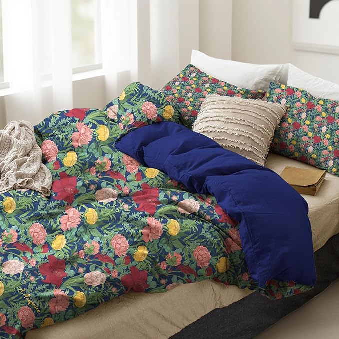 MAGRACE Green Floral Duvet Cover, 100% Cotton Casual Soft Double Original Design 3 Piece Queen Duvet Cover Set with Zipper Closure and Corner Ties