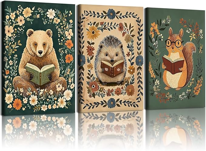 3pcs Animal Reading Canvas Wall Art Cute Woodland Animals Wall Decor Bear Hedgehog Squirrel Pictures Print Bohemian Floral Posters Paintings Suitable for Kids Room Nursery Playroom 12 x 16 Inch