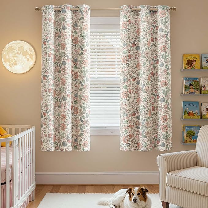 jinchan Nursery Curtains 95% Blackout Pink 72 Inch Long Floral Curtains for Girls Room, Farmhouse Drapes for Living Room Bedroom Darkening Window Treatment Grommet Top Set of 2 Panels