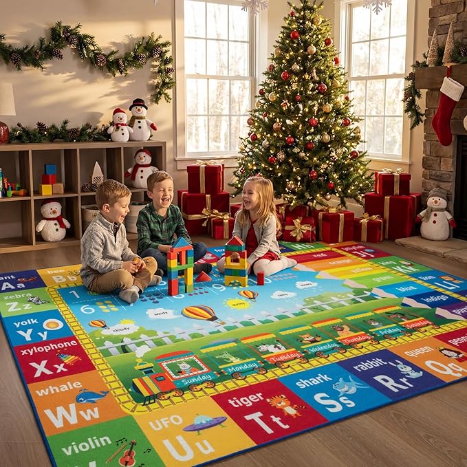 Unirea 4x6 Kids Rug for Playroom Bedroom Living Room, Washable Educational Play Mat with ABC Alphabet, Numbers, Animals for Classroom, Nursery, Colorful Learning Carpet for Toddlers, Rainbow
