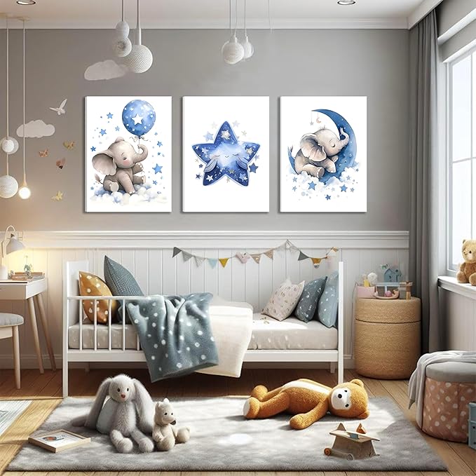 Baby Boy Nursery Canvas Wall Art Set of 3, Blue Elephant Moon and Stars Picture Wall Decor Painting, Cute Animal Baby Girl Nursery Posters Prints for Kids Room Bedroom 12x16 In Framed