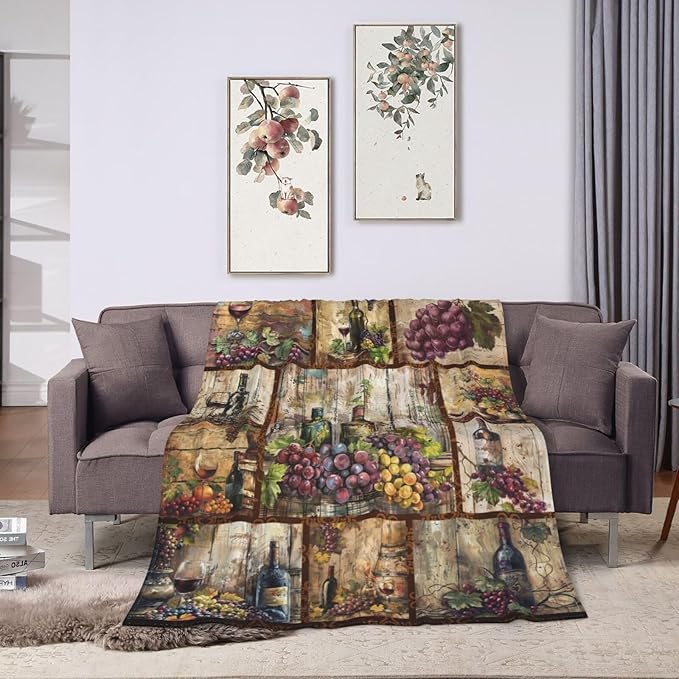 Wine Blanket Grape Wine Throw Blanket Flannel Stuff Merch Cozy Decor Fleece Soft Plush Fuzzy Warm Lightweight Bedding Gifts for Men Women Girls Couch 60"X50"