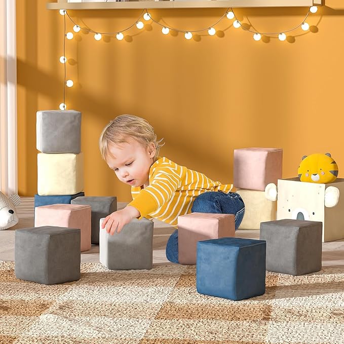 12 PCS Modular Kids Play Block Couch Child Sectional Soft Sofa Toddler Building Fortplay Climbing Bedroom Playroom Baby Convertible Floor Foam Cushion for Boys & Girls (12pcs+Square)