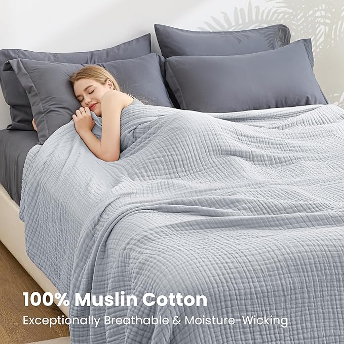 Love's cabin 6 Layer 100% Cotton Muslin Blanket, 108"x90" Muslin King Size Blanket for Bed Couch, Lightweight and Breathable Cotton Gauze, Light Grey