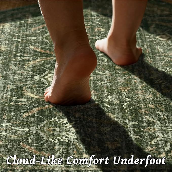 Washable 2x3 Entryway Rug, Boho Non-Slip Door Mat Vintage Distress Small Rugs for Kitchen Nursery Office Bedroom, 0.3" Neutral Oriental Throw Carpet with Cushioning Pad, Grass Green/Multi