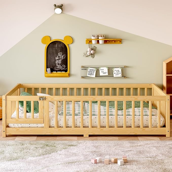 Full Size Floor Bed with Fence and Lockable Door, Wood Montessori Bed Frame with Slat Support for Kids,Boys,Girls,Easy Assembly, Natural