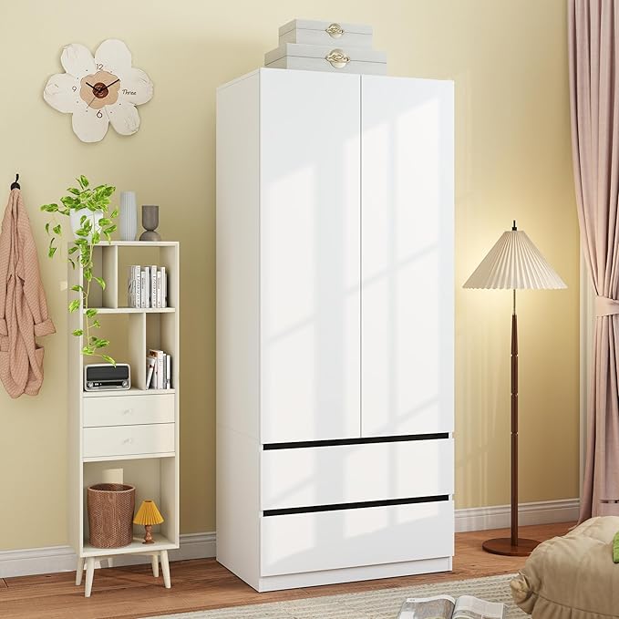 Armoire Wardrobe Closet with Drawers：75" Large White Wardrobe Closet Cabinet with 2 Doors for Hanging Clothes, Modern Wooden Bedroom Armoires with 2 Drawers and Storage (A-Style, 31.5")