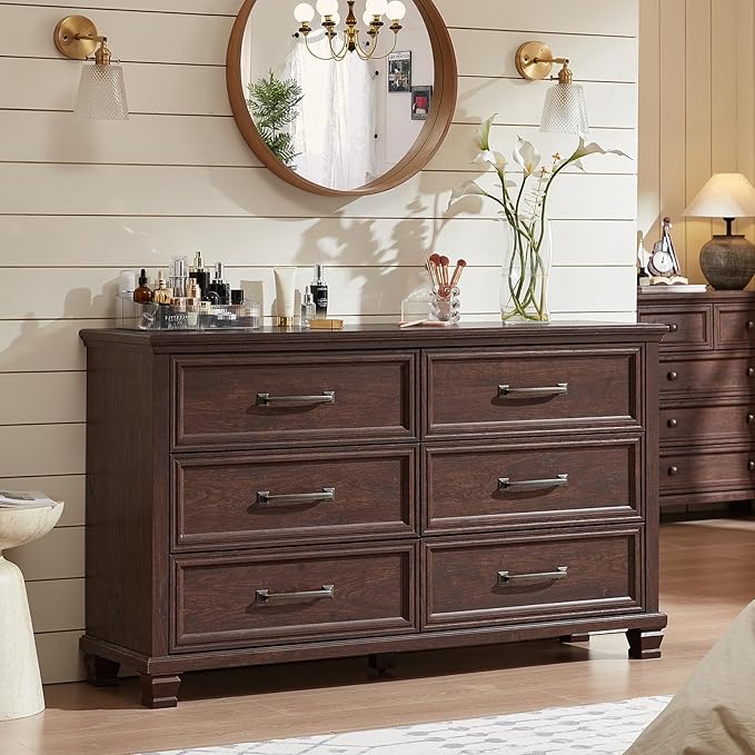 Farmhouse Wood 6 Drawer Dresser Set of 2, 54 inch Wide Large Vintage Chest of Drawers for Bedroom, Rustic Dressers TV Stand with Square Solid Wooden Legs for Living Room, Hallway, Walnut