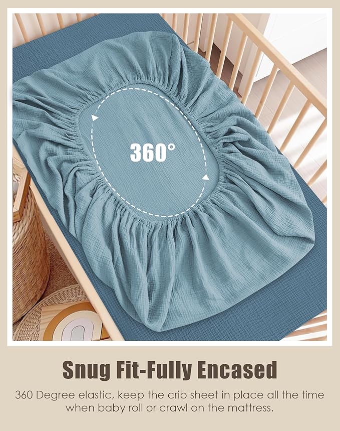 SWEET DOLPHIN 2-Pack Muslin Crib Sheets for Boys & Girls, Ultra Soft Breathable 40S Long-Staple Cotton Fitted Baby Sheets for Standard Crib Mattress 52"x28", Light Navy- Nursery Essentials