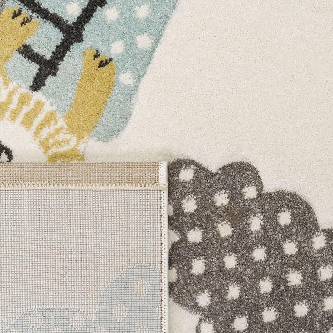 Paco Home Kids Rug Cute Animals on a Hot Air Balloon Ride in White Grey Blue, Size: 7'10" x 11'2"