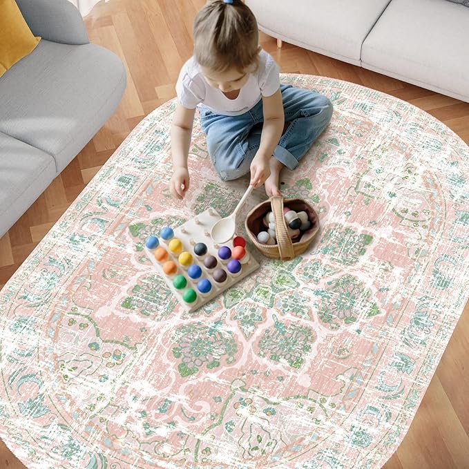 Vhong Washable Boho Area Rugs Vintage Modern High Traffic Carpet Dusty Pink and Green 4×6 Oval Non Slip Rugs for Dinning Room Living Room Bedroom Farmhouse