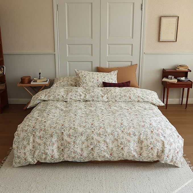 LifeTB Vintage Garden Floral Duvet Cover Queen 3 Pieces Soft Cotton Girls Cottagecore Bedding Set Botanical Flower Comforter Cover with Zipper Closure Floral Branches Vintage Country Bedding