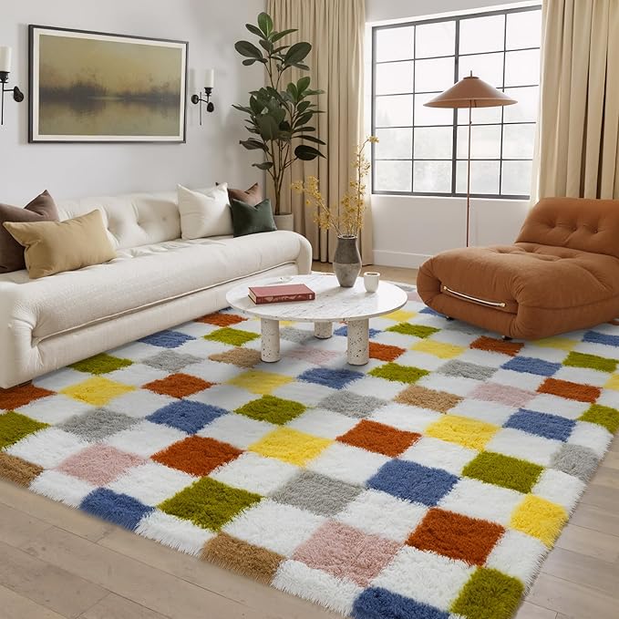 Checkered Rug 5x7 for Living Room, Colorful Modern Shag Rug Super Soft Washable Indoor Fuzzy Carpet Non-Slip Fluffy Rugs for Bedroom Home Aesthetic Decor