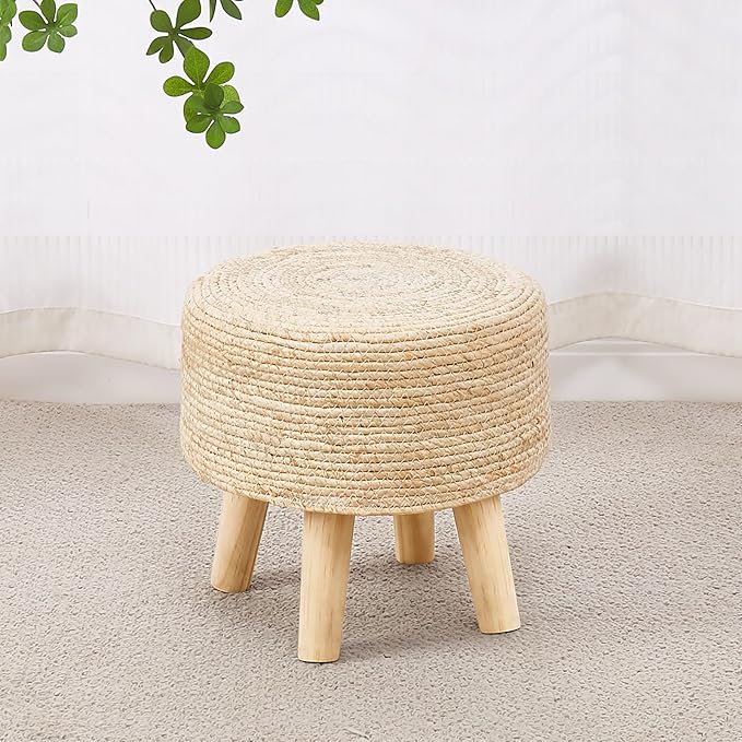 Cpintltr Round Ottoman Natural Seagrass Footstool Hand Weave Water Hyacinth Poufs Eco Friendly Sofa Foot Stool Soft Step Stool Padded Foot Rest with Pine Legs for Living Room (Natural White)