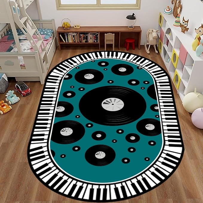 Vinyl Record Kids Rug 6x9ft - Piano Keys & Music Notes Non-Slip Carpet - Oval Educational Play Mat for Classroom, Playroom & Modern Decor