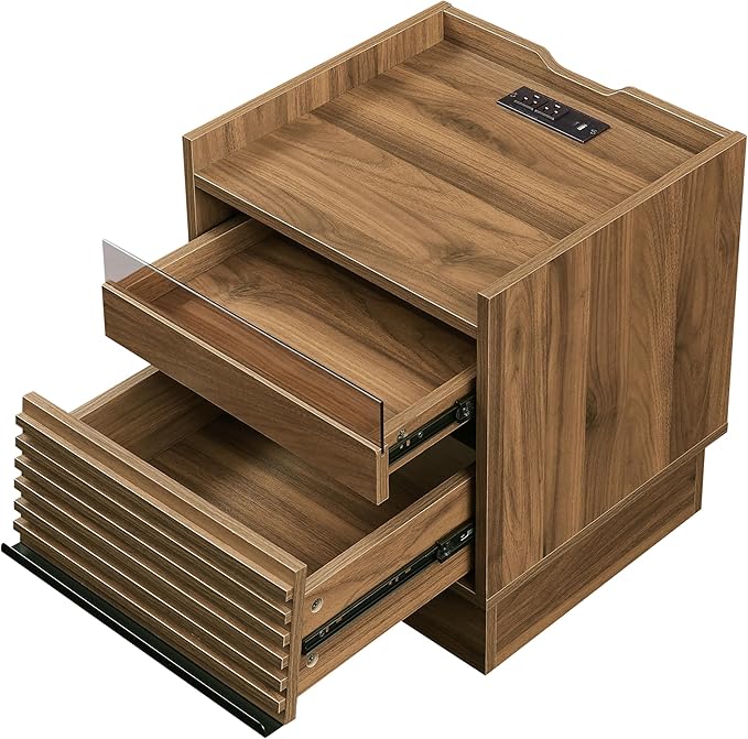 Mid Century Modern Nightstand with Charging Station and LED Lights, Bedside Table with 2 Drawers & Open Shelf, Smart End Table for Bedroom or Living Room (Brown+LED)