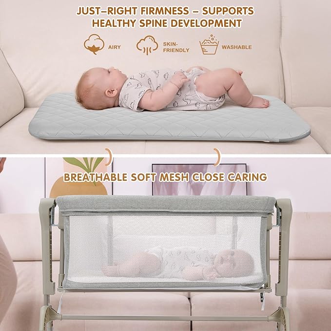 Ezebaby Baby Bassinet Bedside Crib, 3-in-1 Rocking Bassinets Bedside Sleeper with Comfy Mattress and Wheels, 6-Height Adjustable, Stable and Secure Crib for Newborn Infant