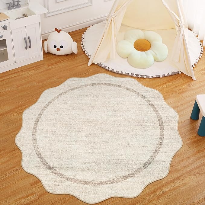 GarveeHome Scalloped Round Washable Rug, Soft Modern Round Rugs 5 ft Circle Carpets for Bedroom Ultra-Thin, Boho Beige Print Distressed Circular Carpet for Living Room Dorm Bedside, Beige
