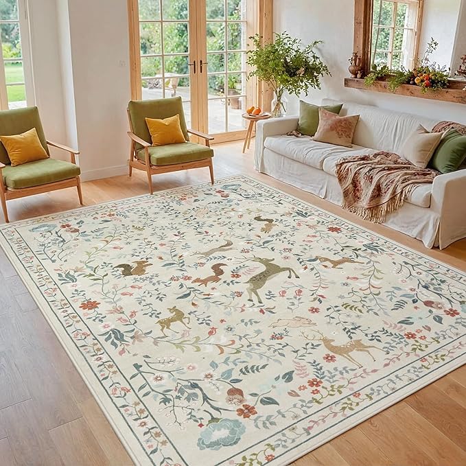 6x9 Area Rugs for Living Room Floral Animal Print Carpet Washable Non-Slip Large Rug Low Pile for Indoor Bedroom Dining Room Nursery Home Office Farmhouse Kids Play Room Beige