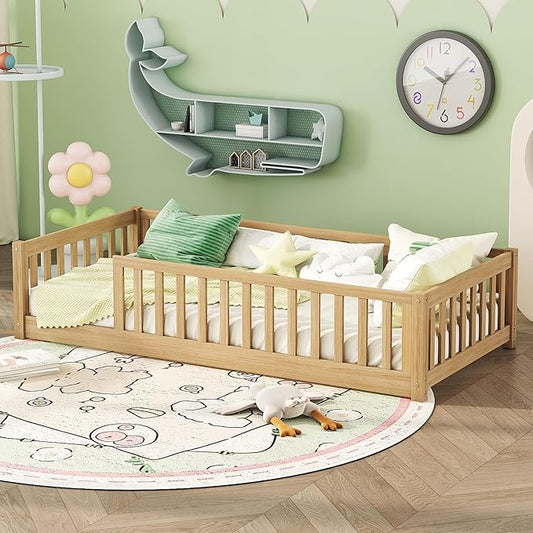 Twin Size Kids Montessori Floor Bed,Twin Floor Bed Frame with Slats,Solid Wood Twin Bed Frame for Girls Boys,Natural