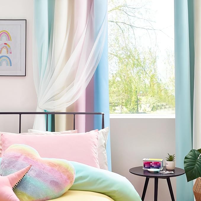 100% Blackout Curtains with Sheer Overlay Mix and Match Double Layer Drapes 63 Inch Length 2 Panels for Room Bedroom Ombre Rainbow Grommet Window Treatment with Tiebacks