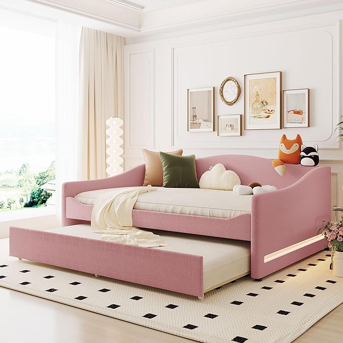 Merax Full Size Upholstered Daybed with Light and Trundle, Pink Teddy Fleece Sofa Bed Modern Wooden Platform Bed Frame for Bedroom, Living Room, Guest Room, Apartment